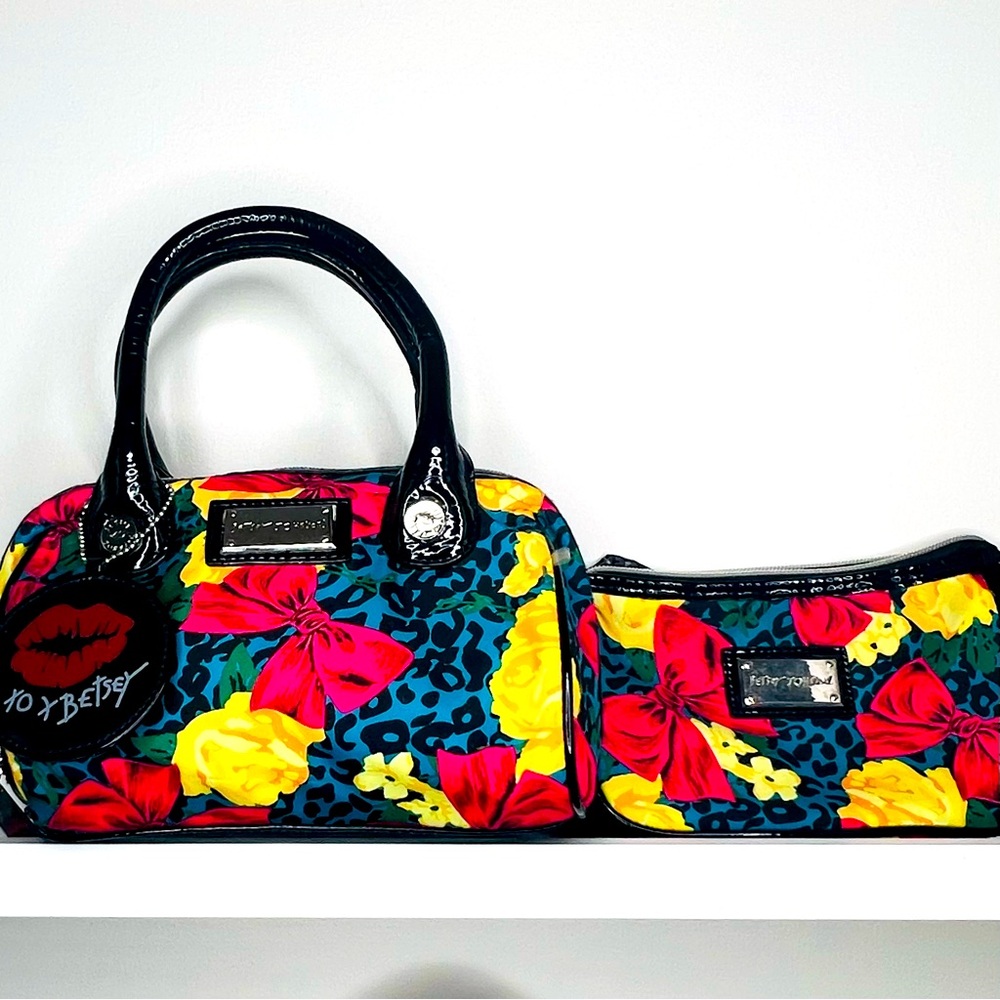 Betsey Johnson Multicolor Floral & Leopard Cosmetic Bag Set - Black Trim